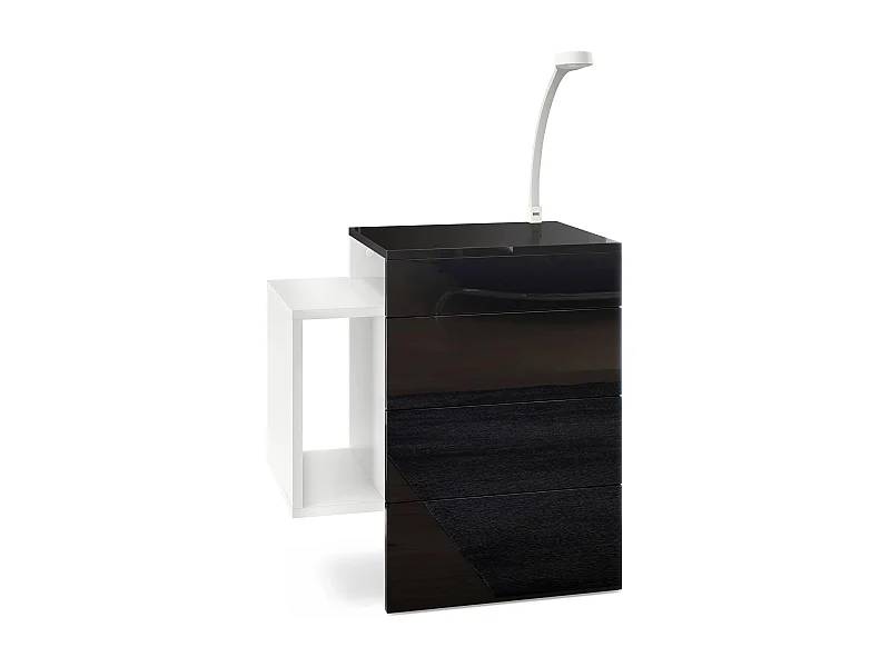 Table de chevet Queens, Table de nuit avec 2 tiroirs et 1 compartiment latéral à fixer au mur, Blanc mat/Noir brillant, incl. lampe LED (60x63x36 cm)