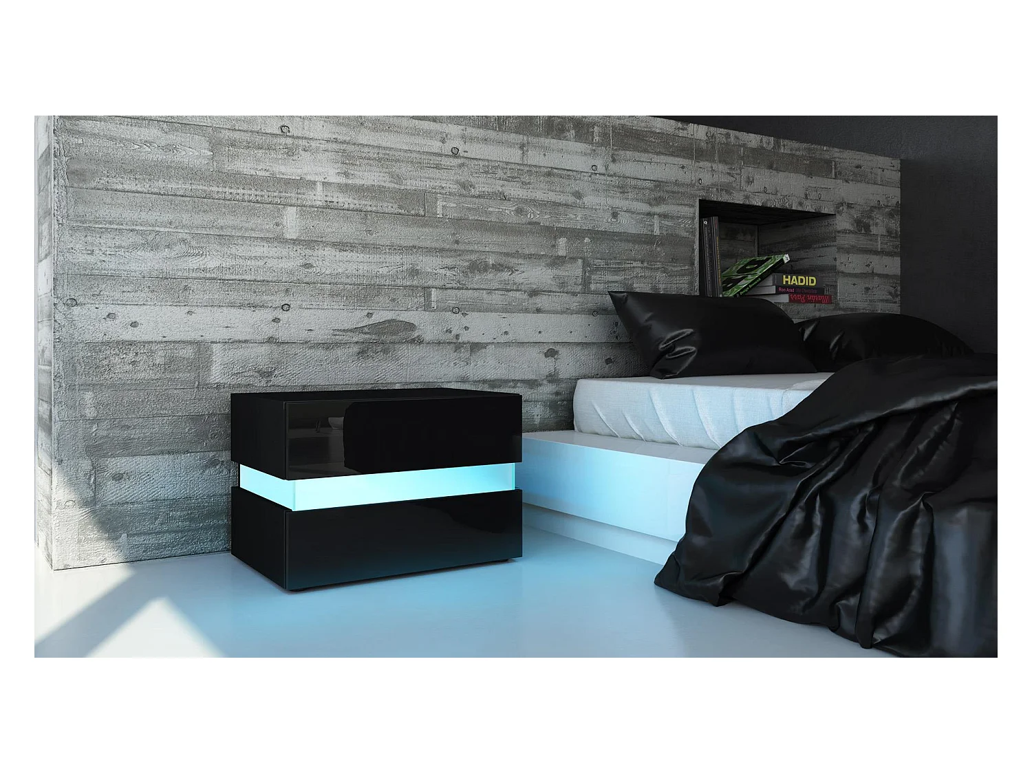 Table de chevet Flow, Table de nuit avec tiroir pour fixation murale, Noir haute brillance/Noir haute brillance (60 x 45 x 39 cm)