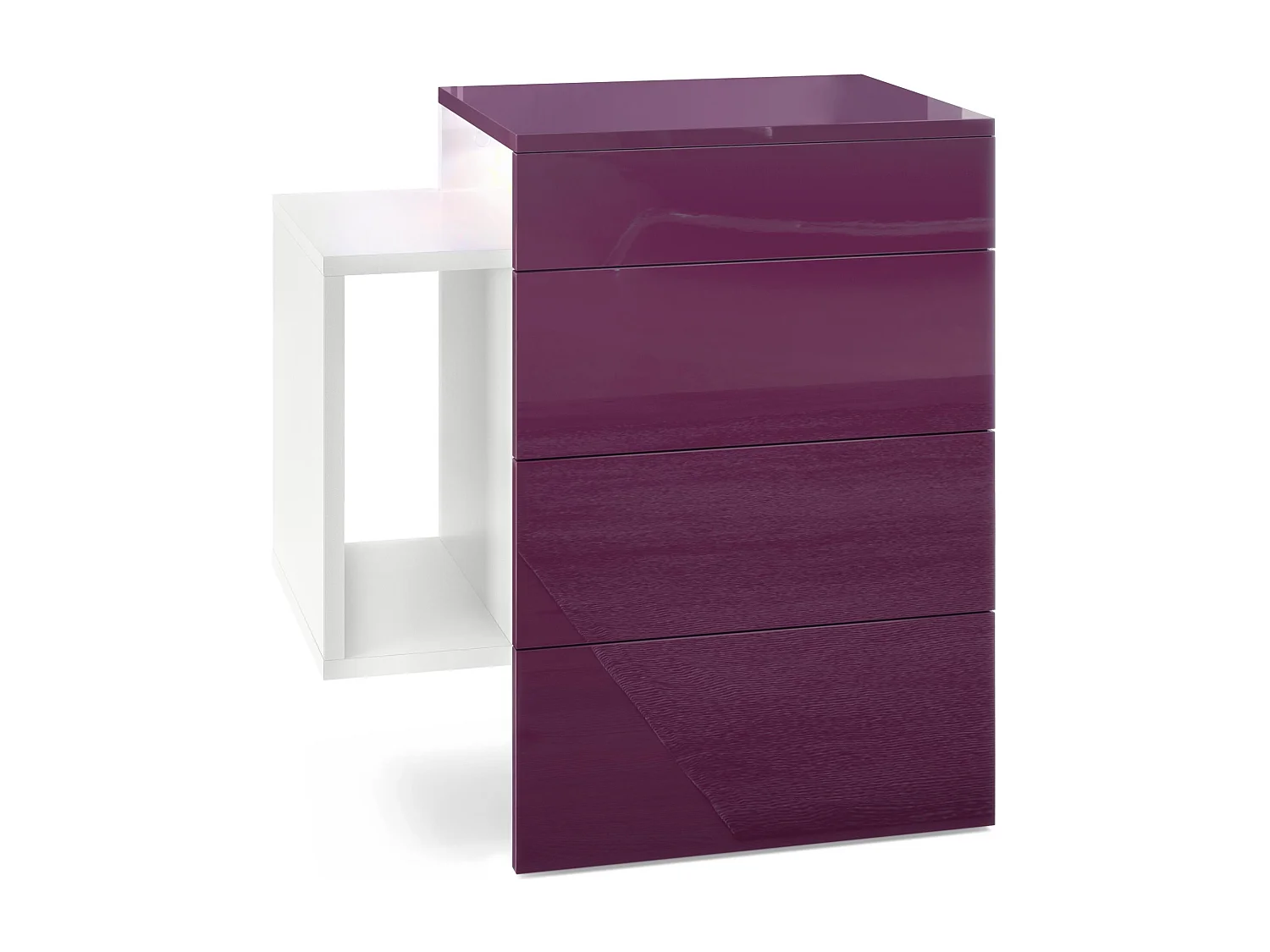 Table de chevet Queens, Table de nuit avec 2 tiroirs et 1 compartiment latéral à fixer au mur, Blanc mat/Mûre brillant, incl. encastré LED blanc (60x63x36 cm)