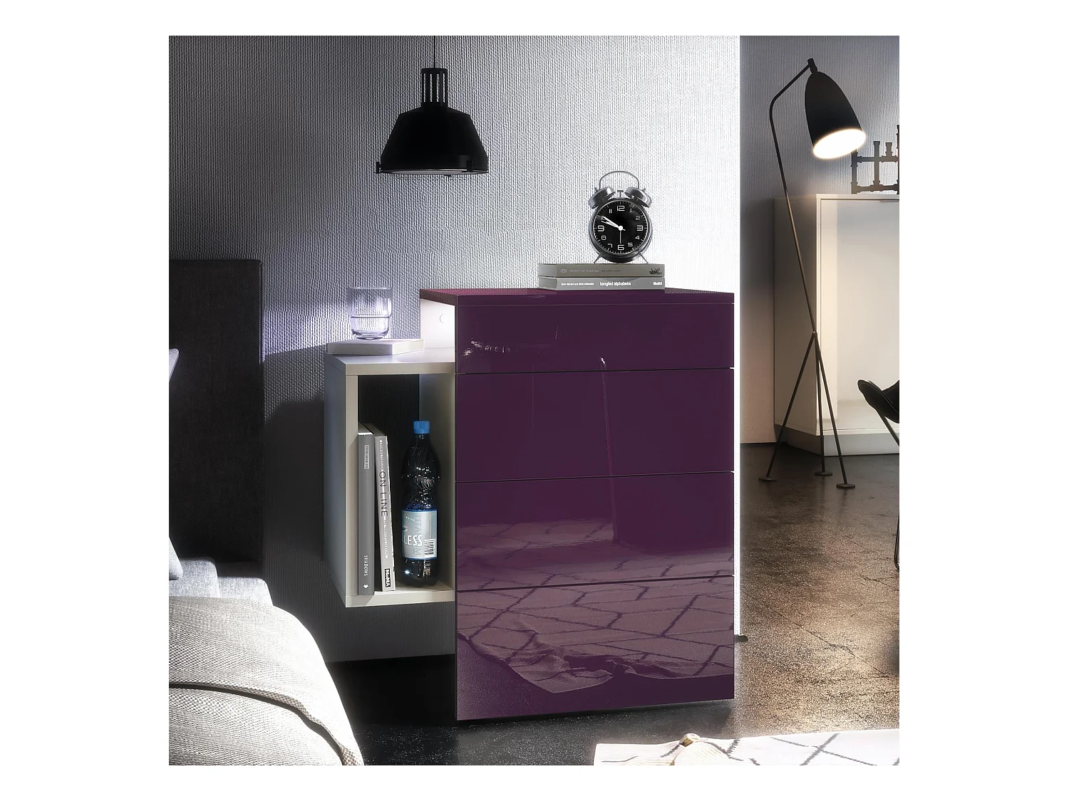 Table de chevet Queens, Table de nuit avec 2 tiroirs et 1 compartiment latéral à fixer au mur, Blanc mat/Mûre brillant, incl. encastré LED blanc (60x63x36 cm)