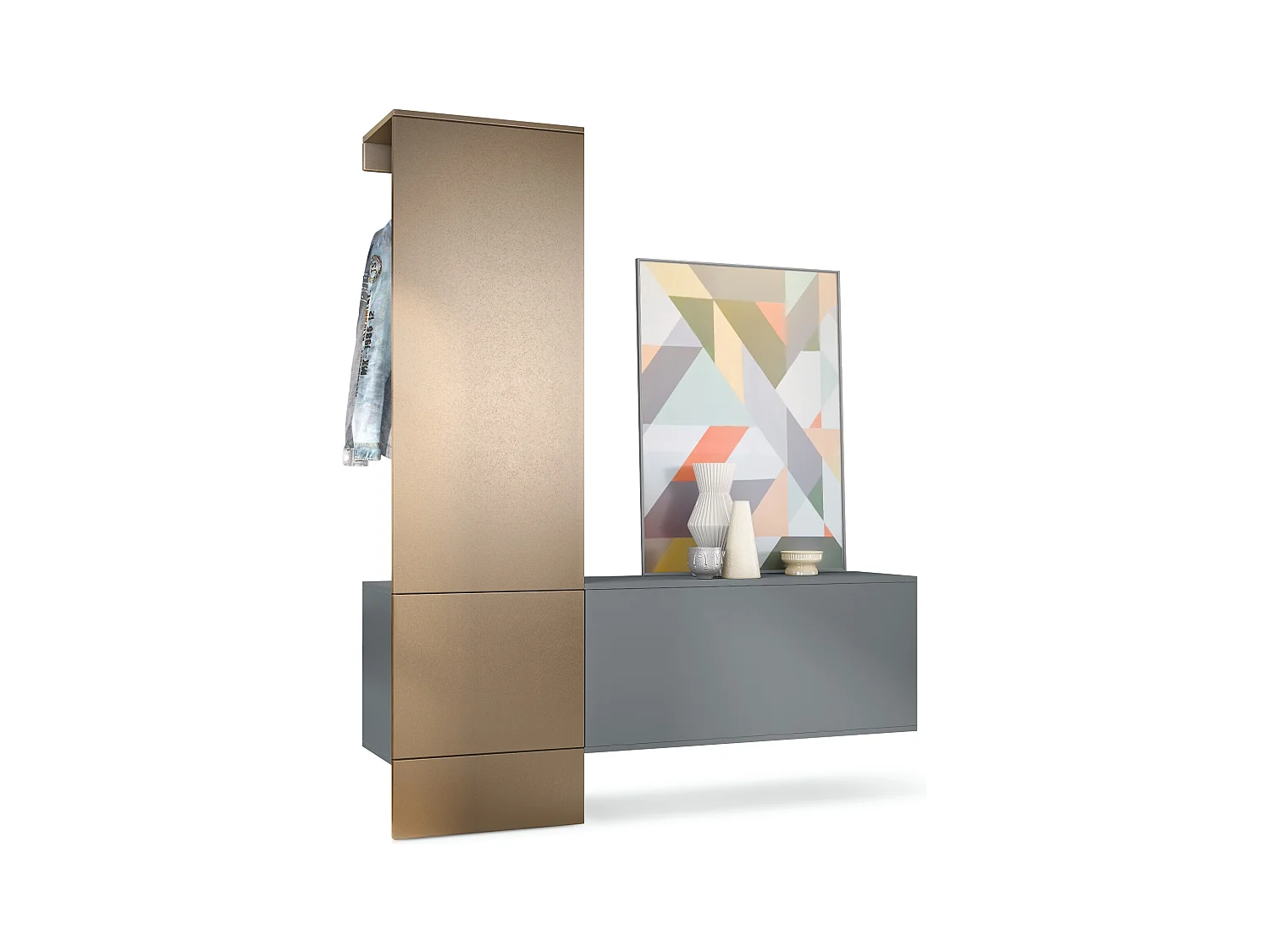 Penderie Carlton Set 4, Meuble d’entrée comprenant 1 panneau porte-manteaux, 1 module de commode, anthracite mat/aspect bronzé (156,5 x 193 x 35 cm)