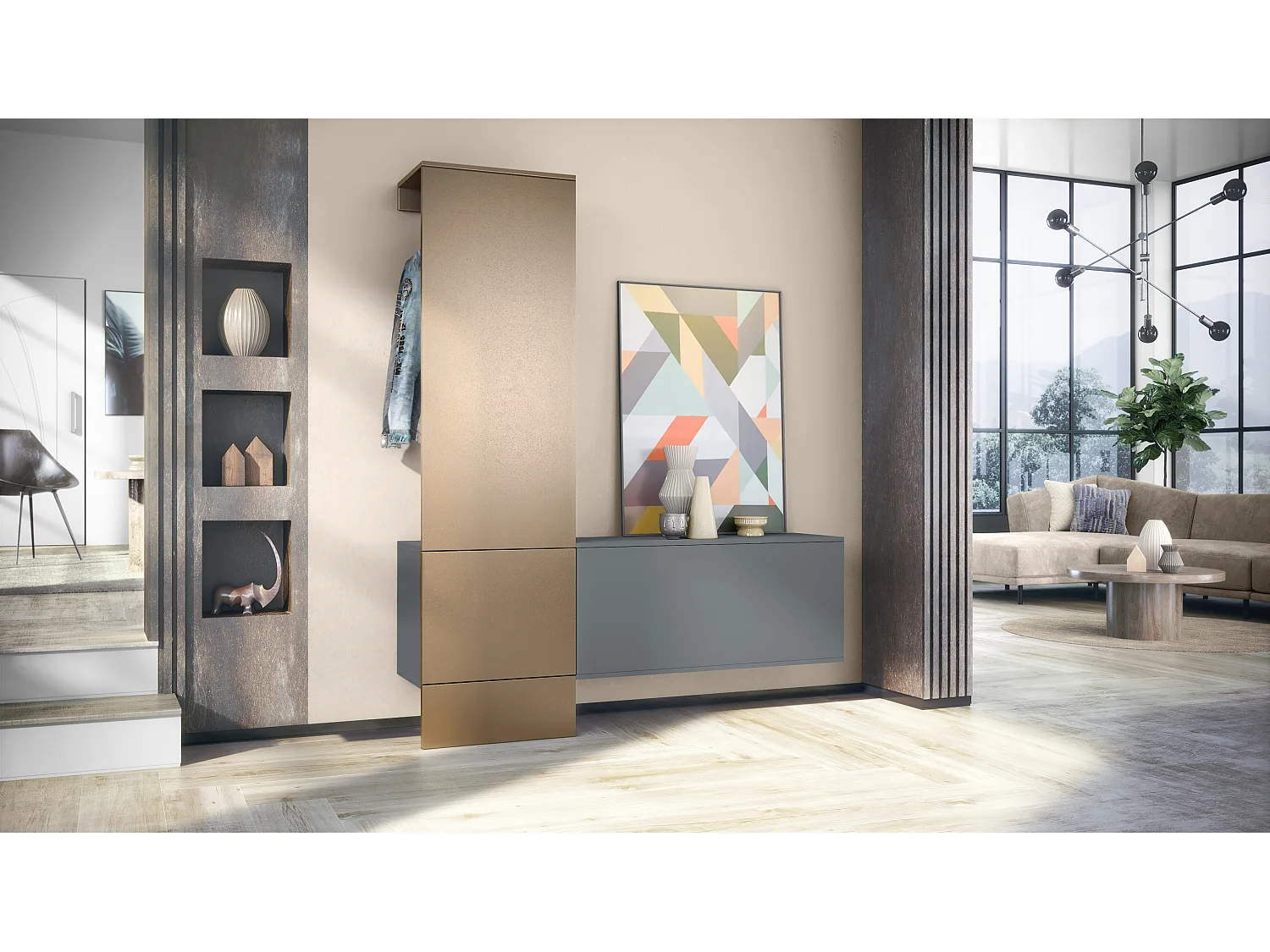 Penderie Carlton Set 4, Meuble d’entrée comprenant 1 panneau porte-manteaux, 1 module de commode, anthracite mat/aspect bronzé (156,5 x 193 x 35 cm)