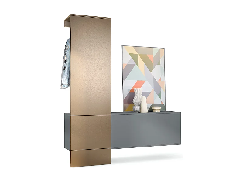 Penderie Carlton Set 4, Meuble d’entrée comprenant 1 panneau porte-manteaux, 1 module de commode, anthracite mat/aspect bronzé (156,5 x 193 x 35 cm)