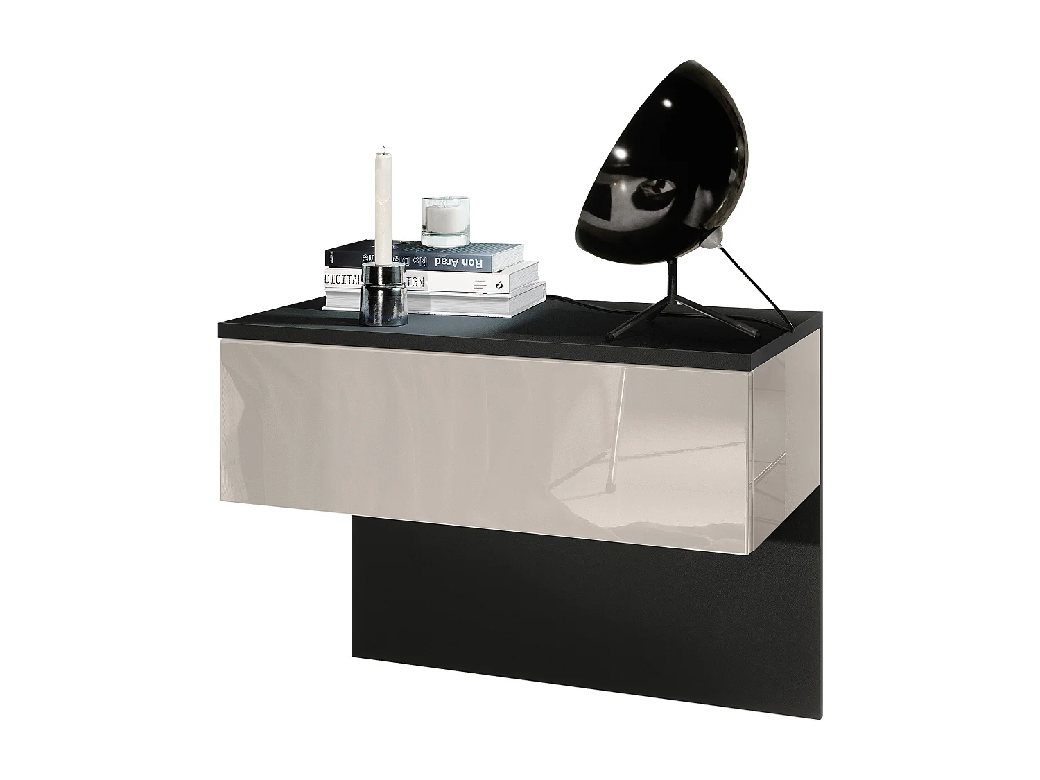 Table de chevet Sleep, Table de nuit à fixation murale avec tiroir, Noir mat/Gris sable haute brillance (60 x 46 x 35 cm)