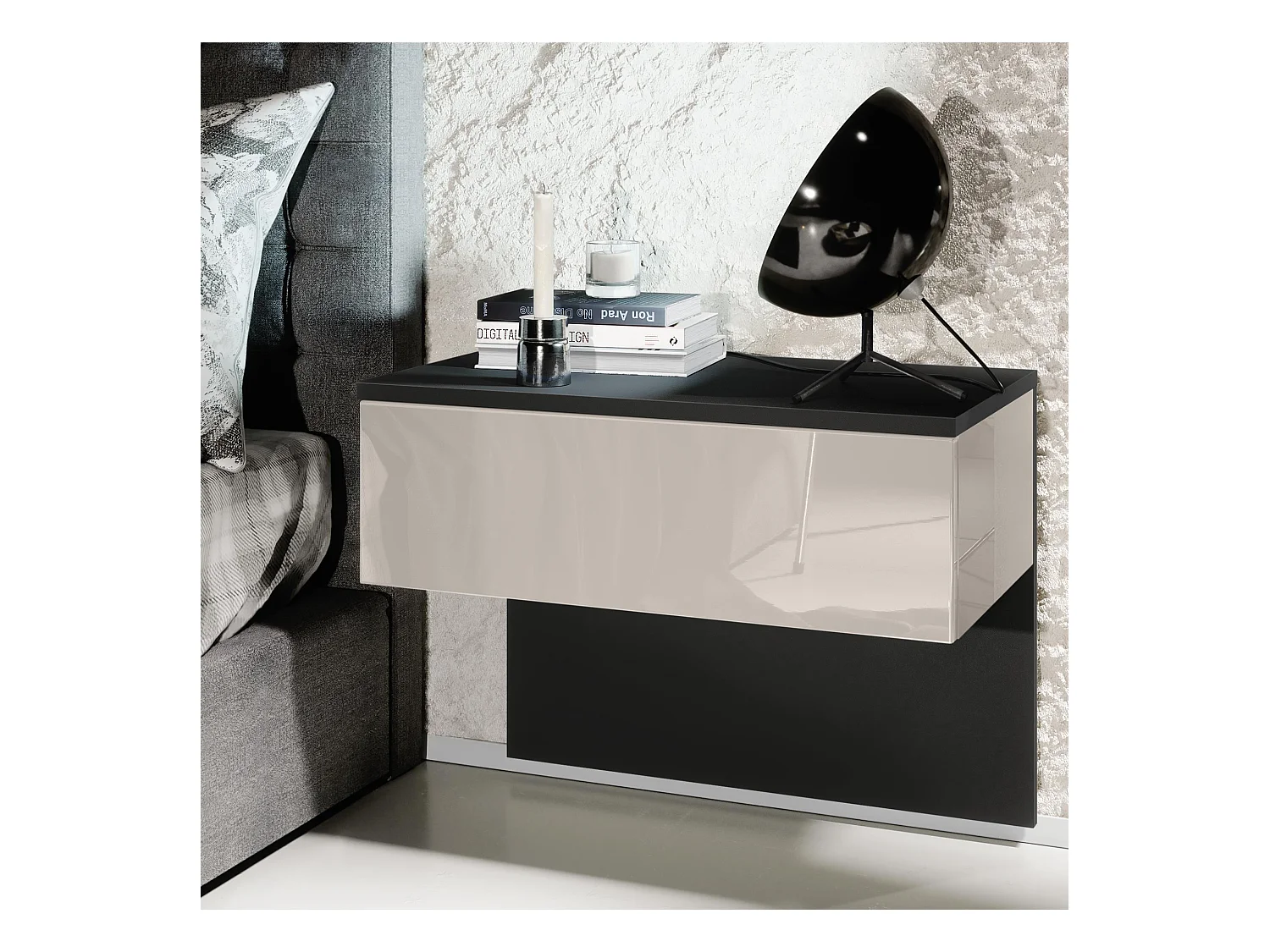Table de chevet Sleep, Table de nuit à fixation murale avec tiroir, Noir mat/Gris sable haute brillance (60 x 46 x 35 cm)