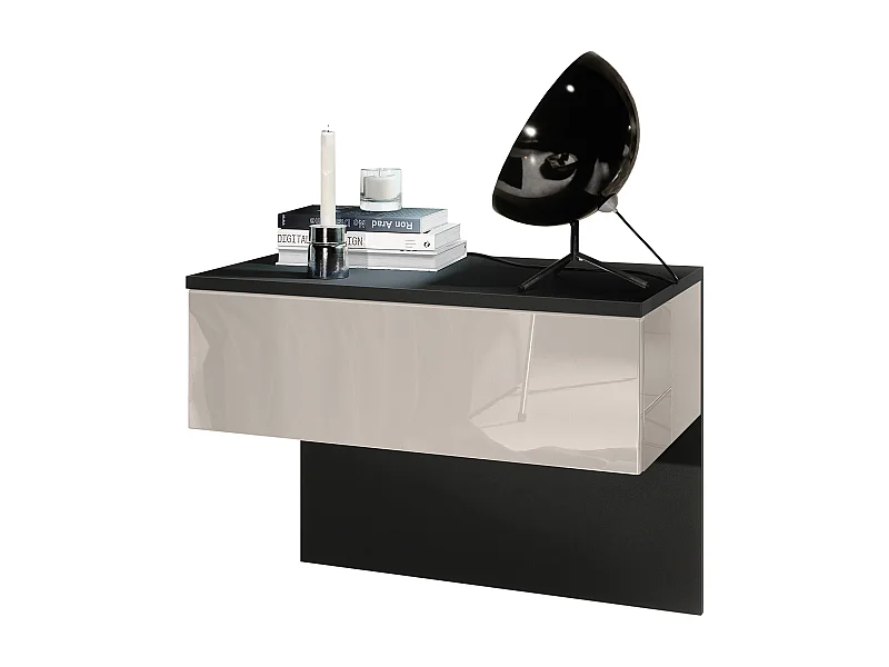 Vladon Mesita de noche Sleep, Cómoda de noche con Cajón para Montaje en Pared, Negro mate/Gris arena de alto brillo (60 x 46 x 35 cm)