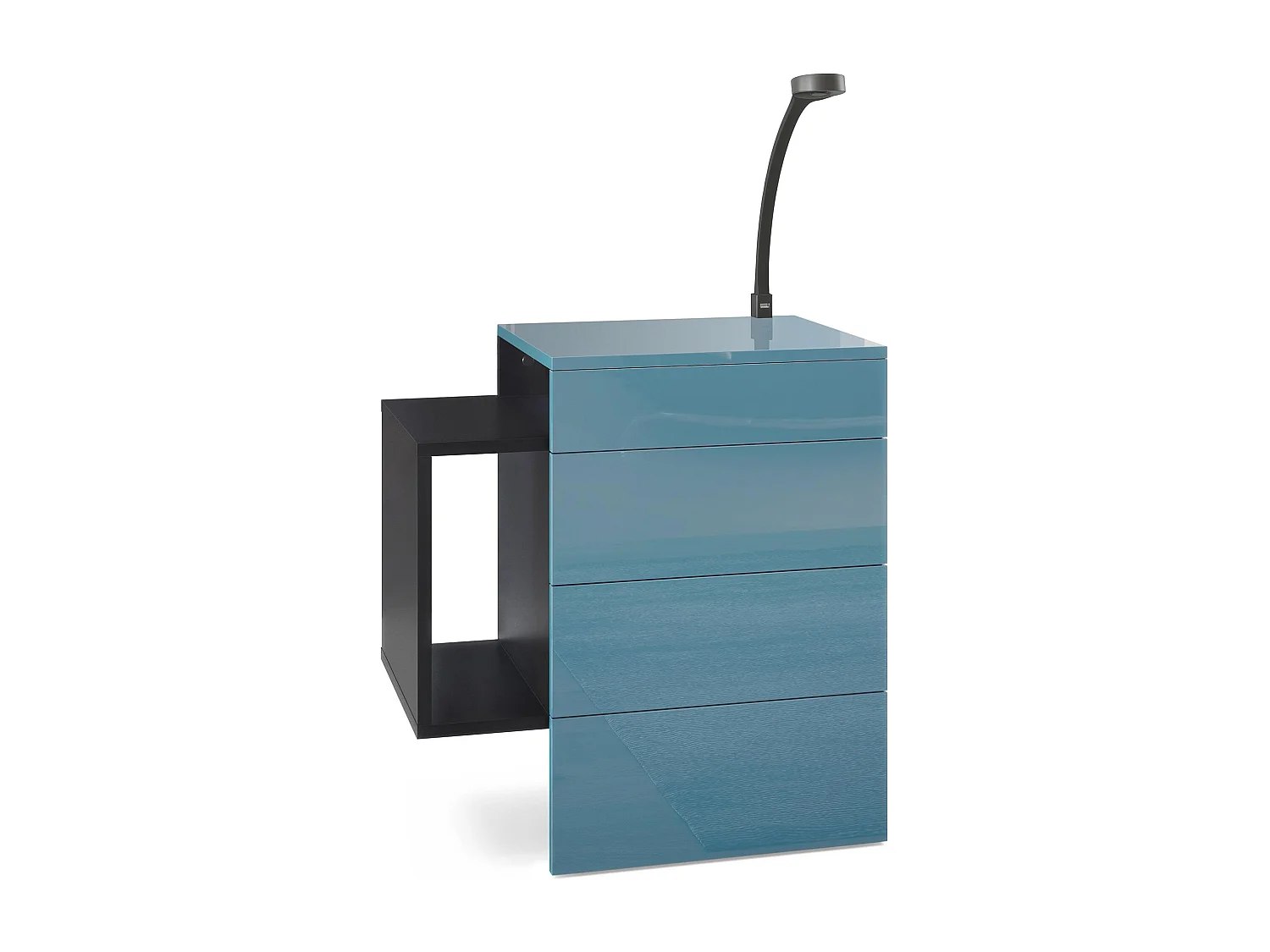 Table de chevet Queens, Table de nuit avec 2 tiroirs et 1 compartiment latéral à fixer au mur, Noir mat/Turquoise brillant, incl. lampe LED (60x63x36 cm)