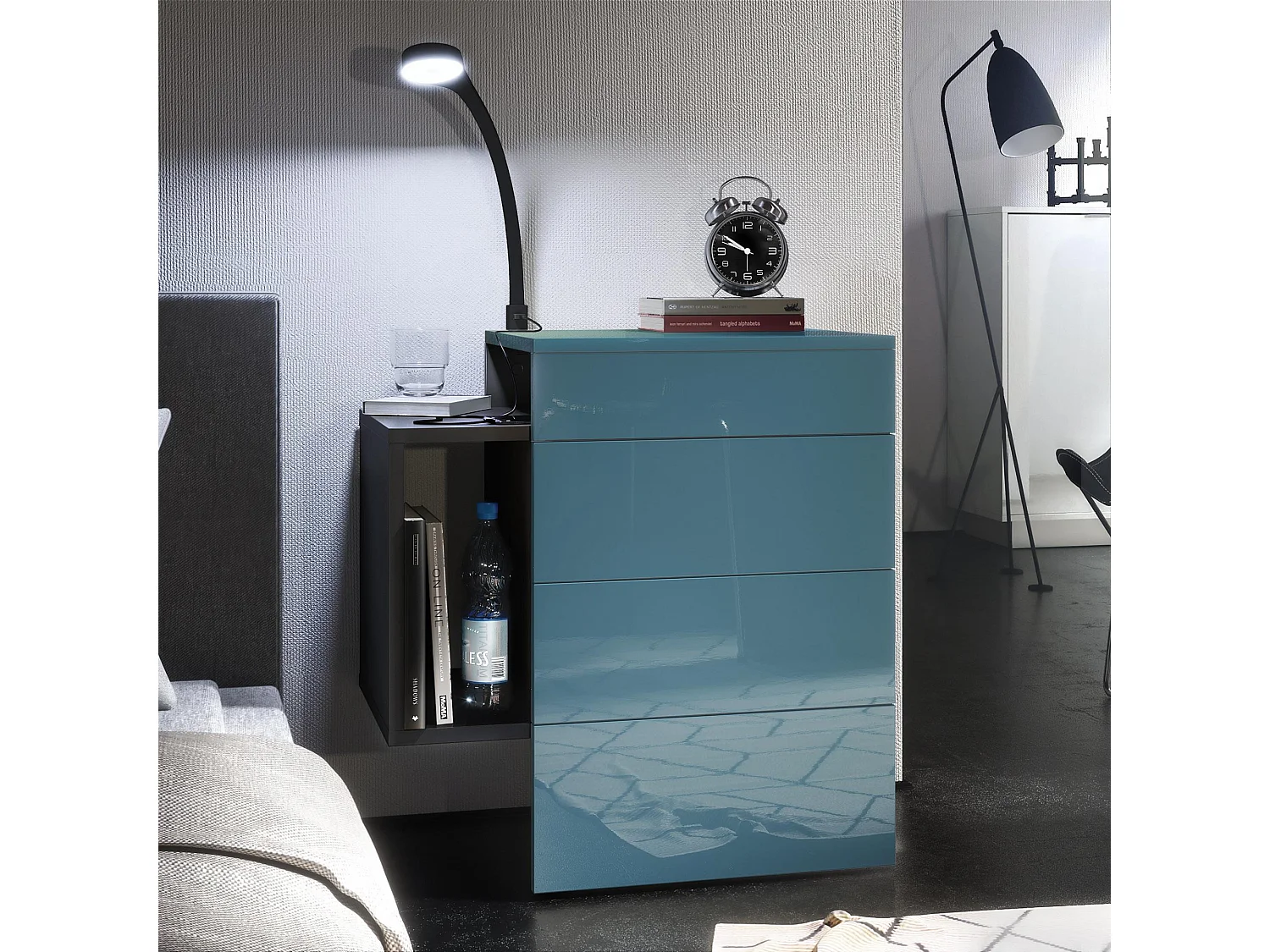 Table de chevet Queens, Table de nuit avec 2 tiroirs et 1 compartiment latéral à fixer au mur, Noir mat/Turquoise brillant, incl. lampe LED (60x63x36 cm)