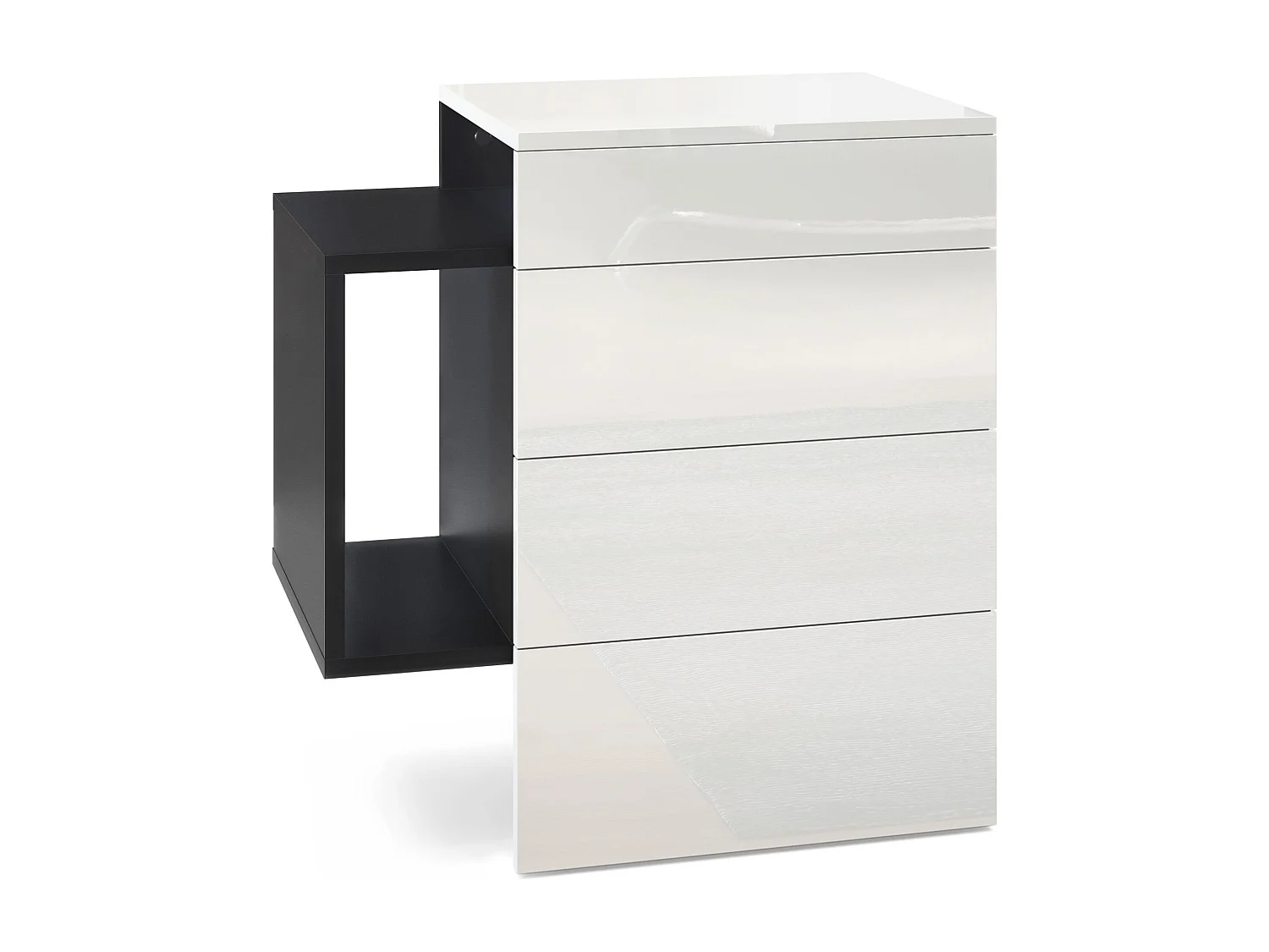 Table de chevet Queens, Table de nuit avec 2 tiroirs et 1 compartiment latéral à fixer au mur, Noir mat/Blanc haute brillance (60 x 63 x 36 cm)