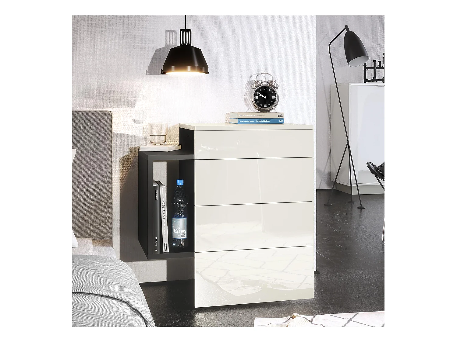 Table de chevet Queens, Table de nuit avec 2 tiroirs et 1 compartiment latéral à fixer au mur, Noir mat/Blanc haute brillance (60 x 63 x 36 cm)