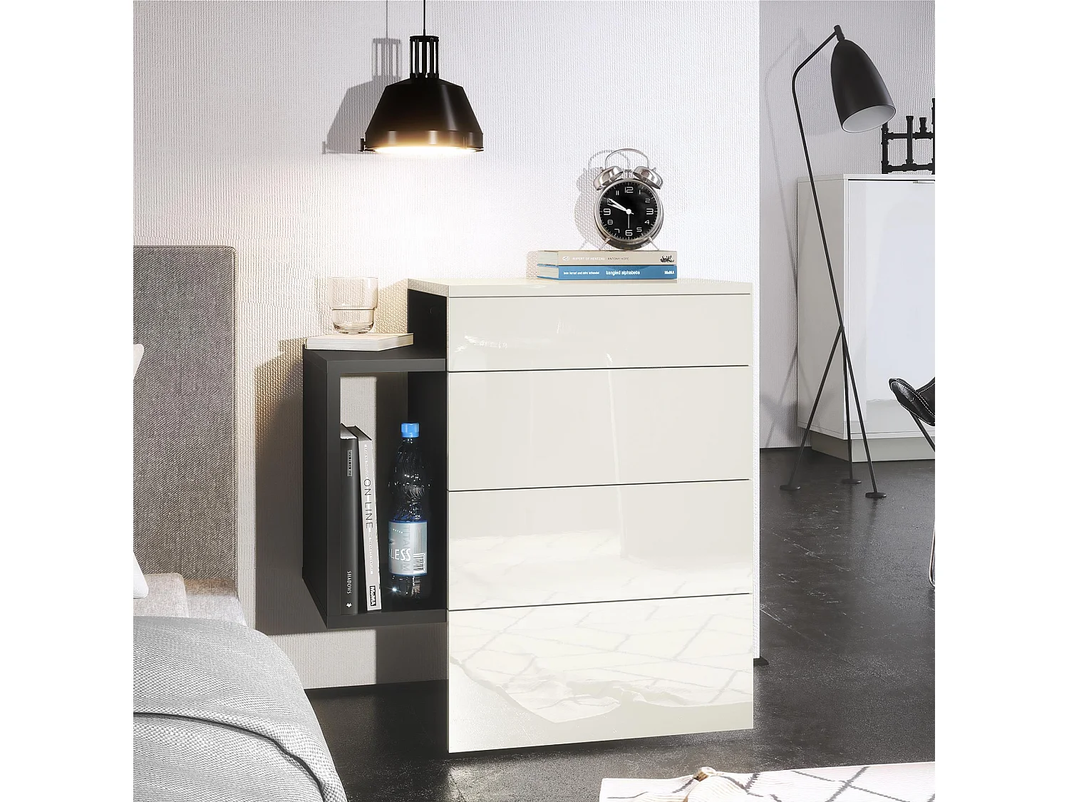 Table de chevet Queens, Table de nuit avec 2 tiroirs et 1 compartiment latéral à fixer au mur, Noir mat/Blanc haute brillance (60 x 63 x 36 cm)