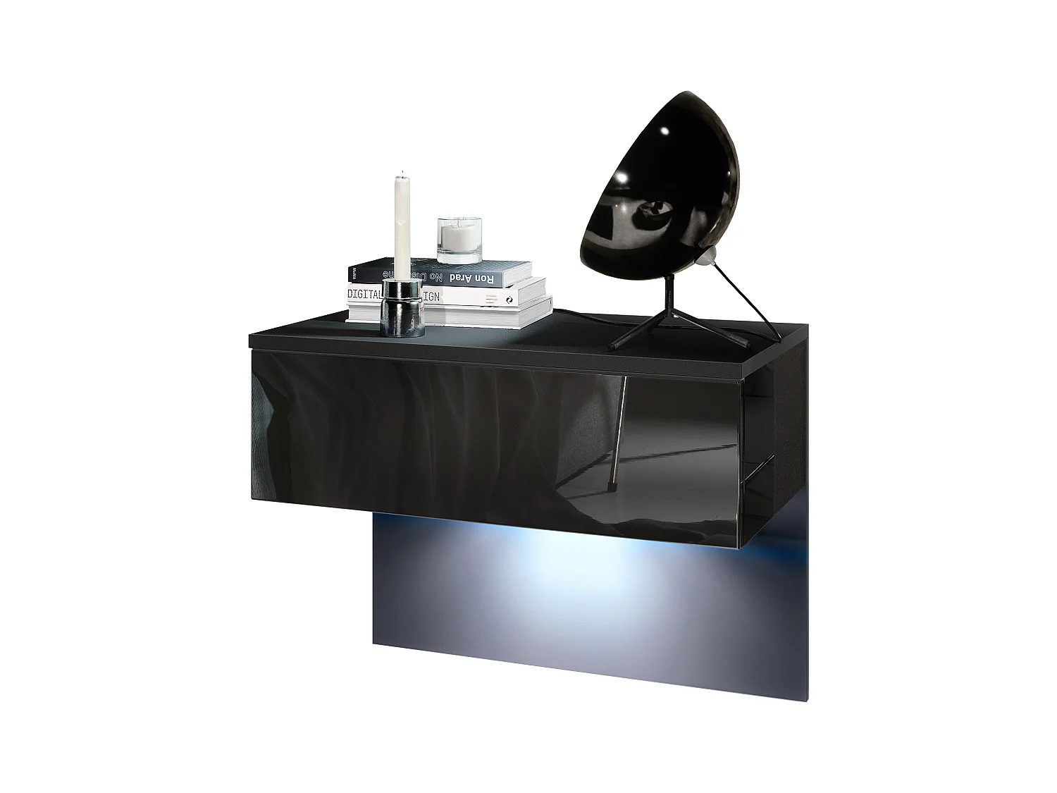 Table de chevet Sleep, Table de nuit à fixation murale avec tiroir, Noir mat/Noir haute brillance, éclairage LED inclus (60 x 46 x 35 cm)