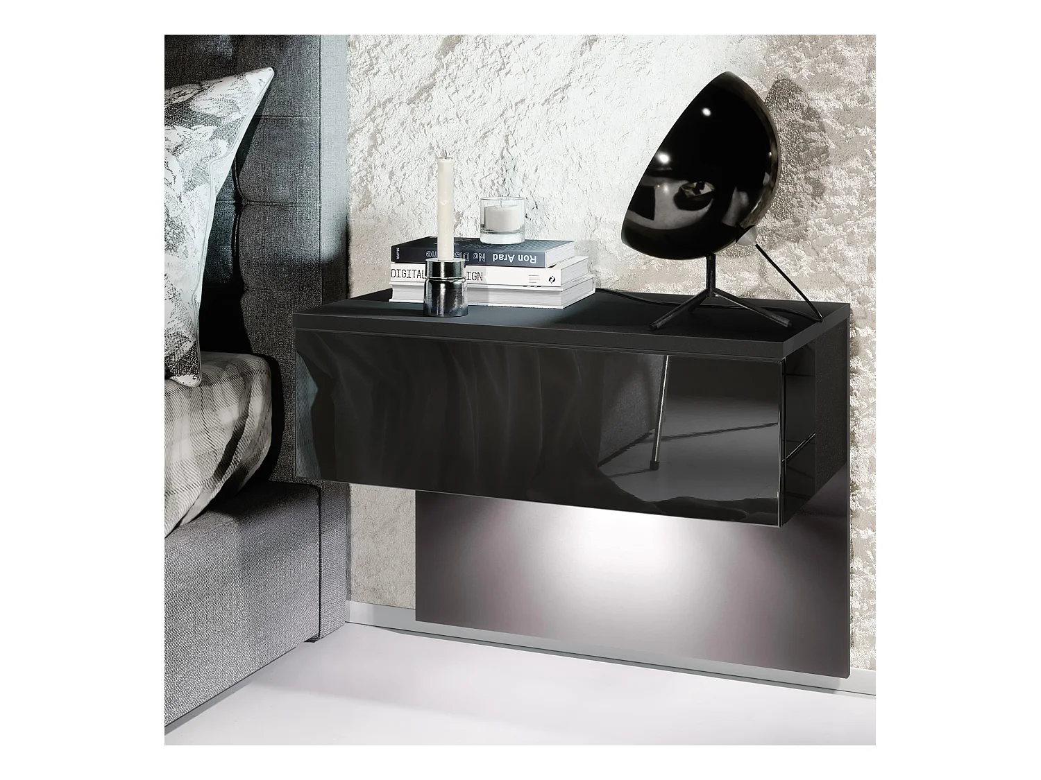 Table de chevet Sleep, Table de nuit à fixation murale avec tiroir, Noir mat/Noir haute brillance, éclairage LED inclus (60 x 46 x 35 cm)