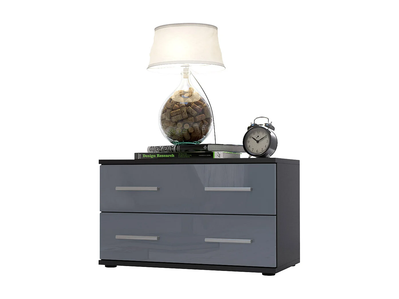 Mesa de noche Kioto, Cuerpo en Negro mate / Frontal en Color Gris alto brillo