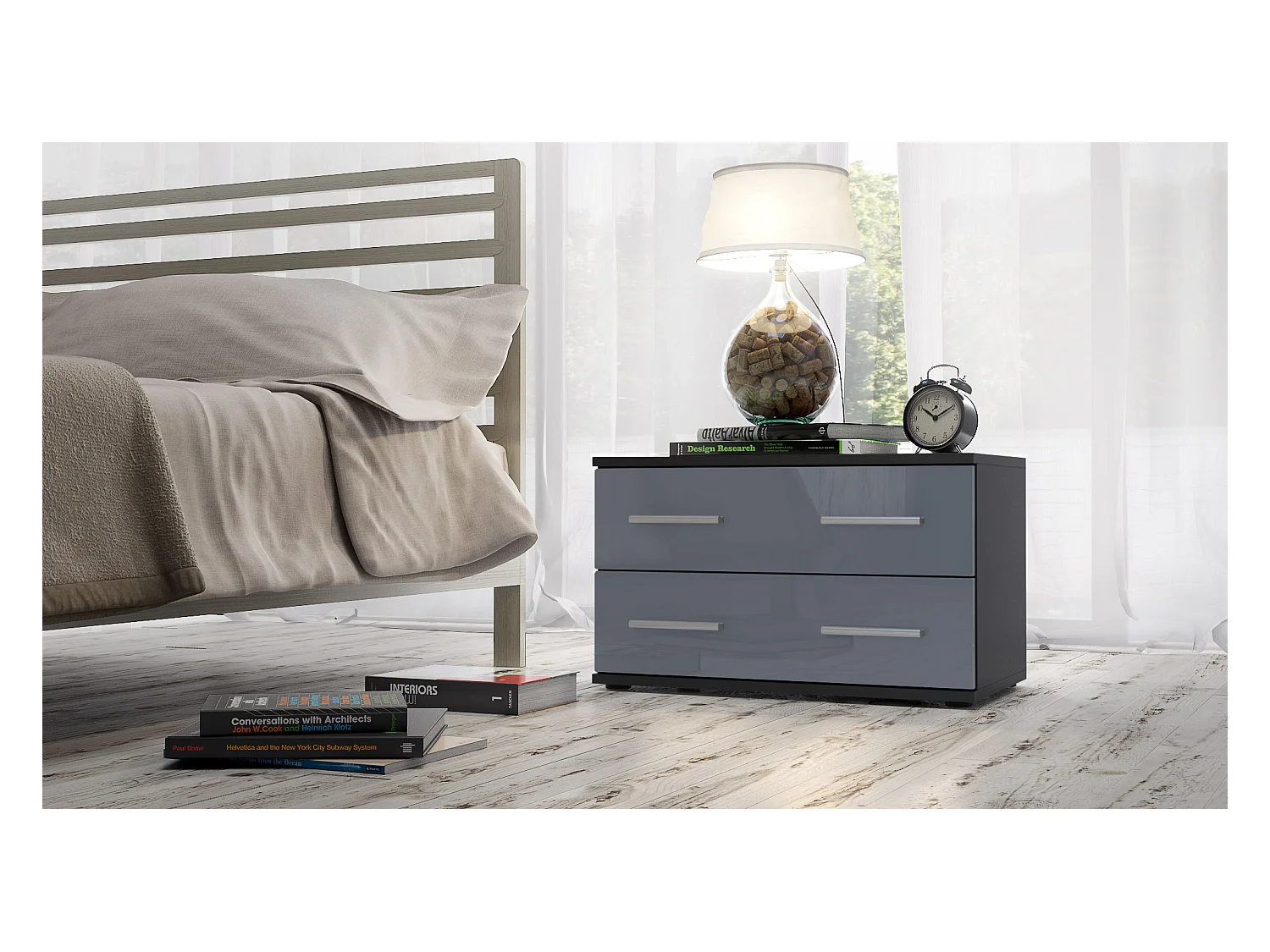 Mesa de noche Kioto, Cuerpo en Negro mate / Frontal en Color Gris alto brillo