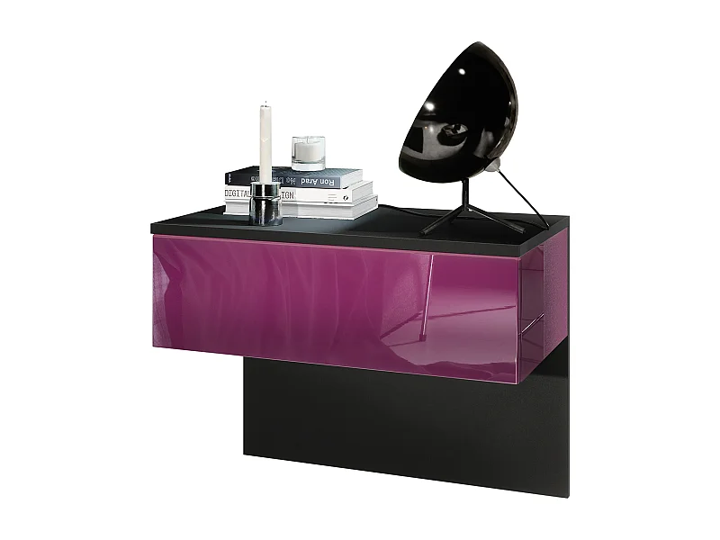 Vladon Mesita de noche Sleep, Cómoda de noche con Cajón para Montaje en Pared, Negro mate/Zarzamora de alto brillo (60 x 46 x 35 cm)