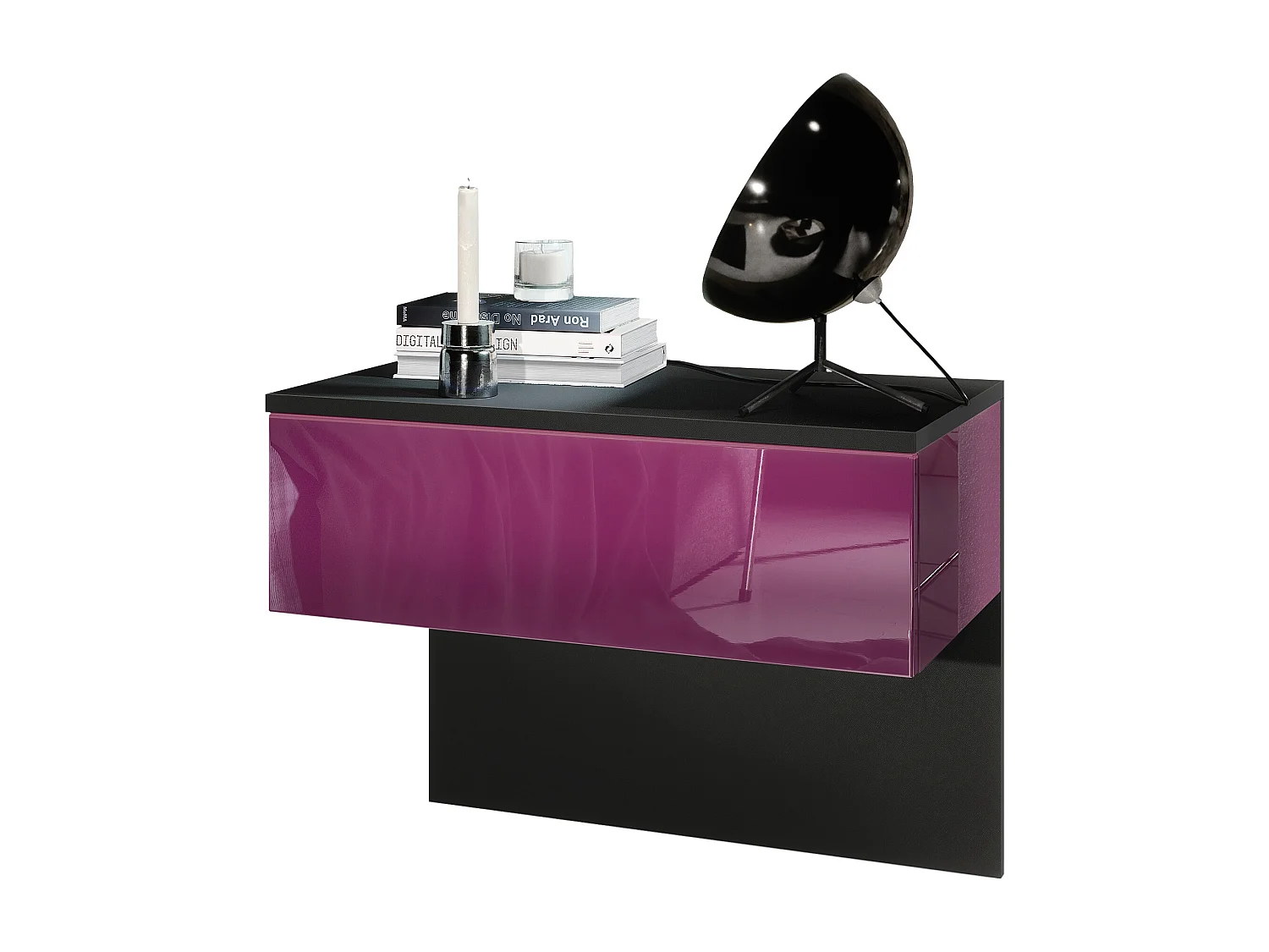 Table de chevet Sleep, Table de nuit à fixation murale avec tiroir, Noir mat/Mûre haute brillance (60 x 46 x 35 cm)