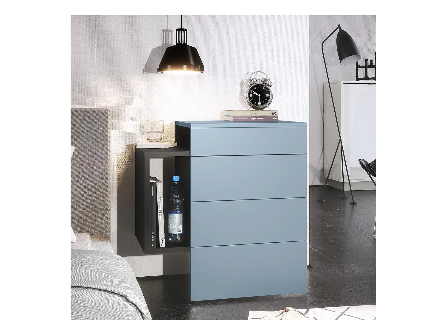 Table de chevet Queens, Table de nuit avec 2 tiroirs et 1 compartiment latéral à fixer au mur, Noir mat/Denim mat (60 x 63 x 36 cm)