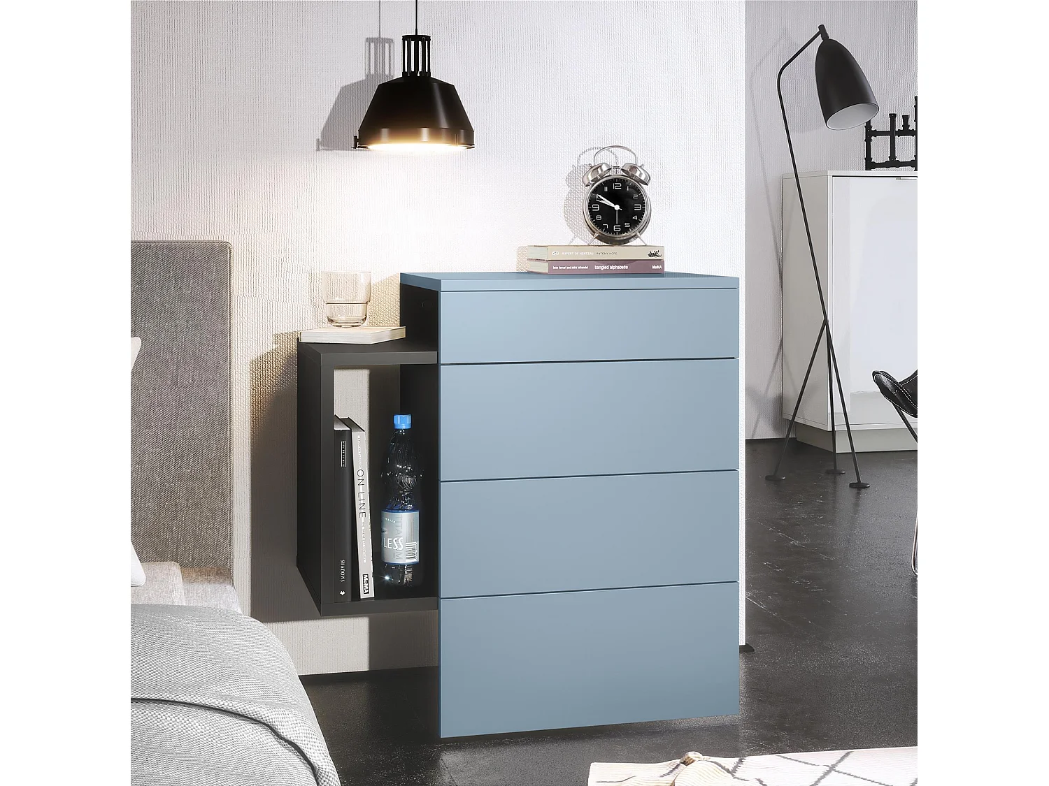 Table de chevet Queens, Table de nuit avec 2 tiroirs et 1 compartiment latéral à fixer au mur, Noir mat/Denim mat (60 x 63 x 36 cm)