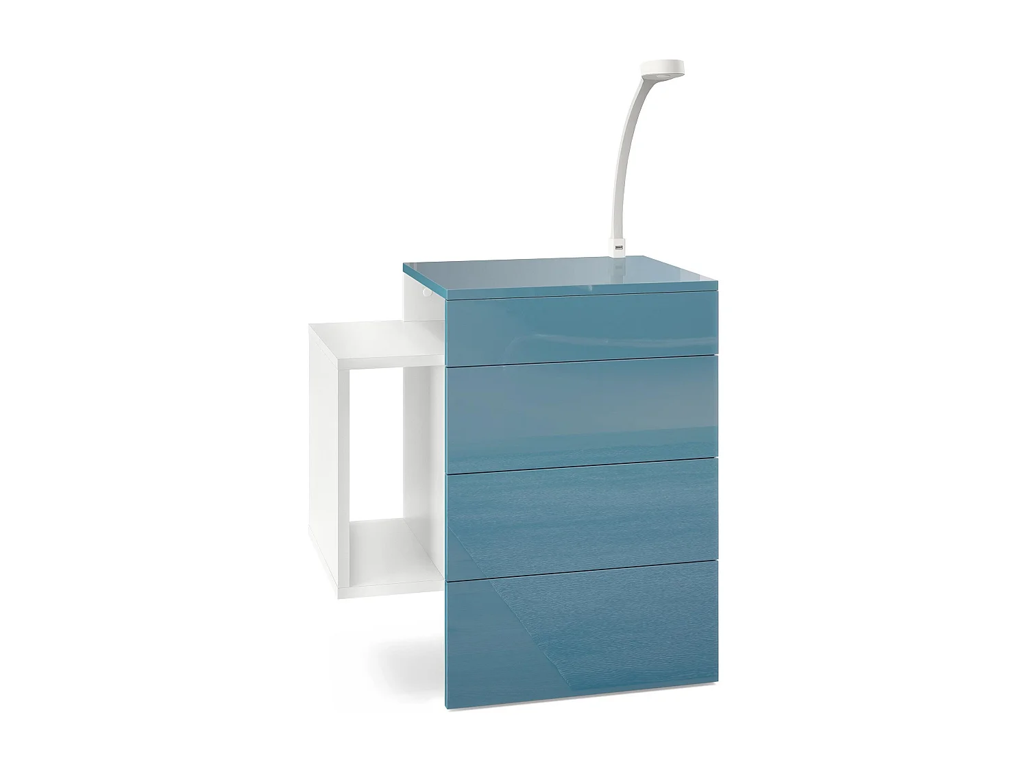 Table de chevet Queens, Table de nuit avec 2 tiroirs et 1 compartiment latéral à fixer au mur, Blanc mat/Turquoise brillant, incl. lampe LED (60x63x36 cm)