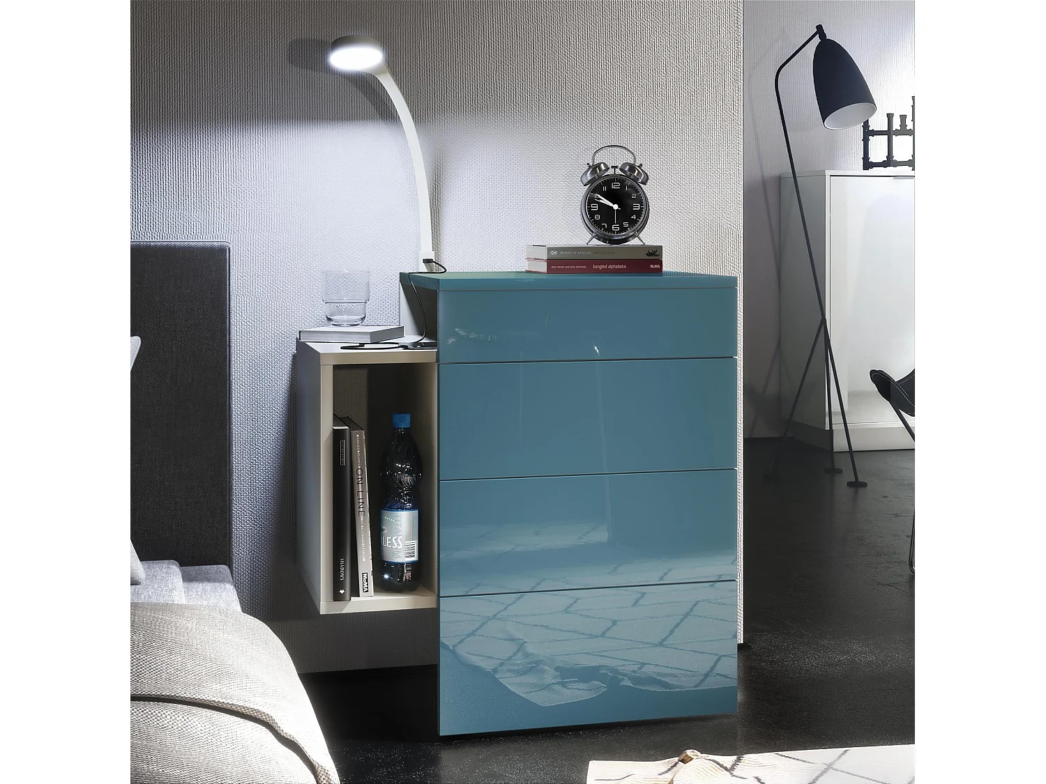 Table de chevet Queens, Table de nuit avec 2 tiroirs et 1 compartiment latéral à fixer au mur, Blanc mat/Turquoise brillant, incl. lampe LED (60x63x36 cm)