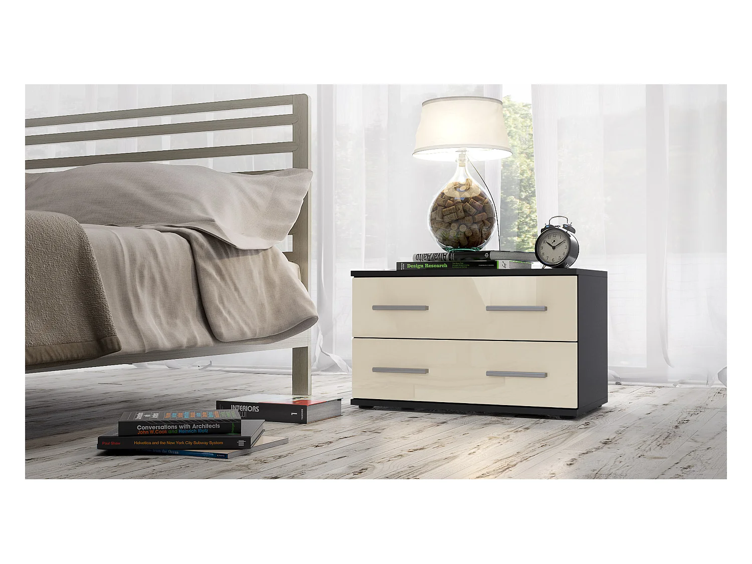 Mesa de noche Kioto, Cuerpo en Negro mate / Frontal en Color Crema alto brillo