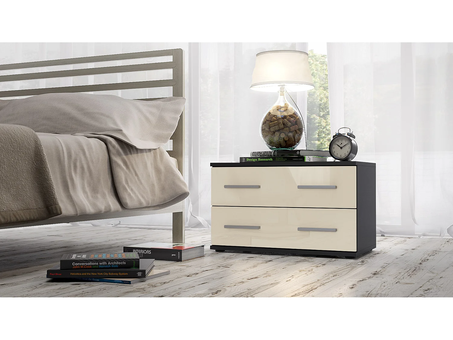 Table de chevet de nuit Kioto, Corps en Noir mat / Façades en Crème haute brillance