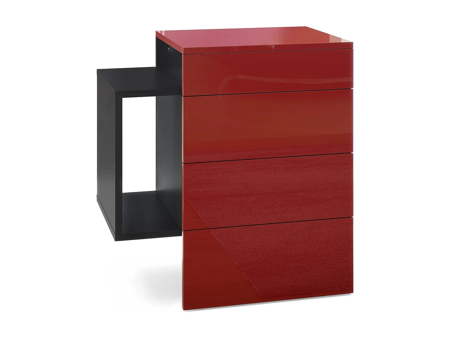 Table de chevet Queens, Table de nuit avec 2 tiroirs et 1 compartiment latéral à fixer au mur, Noir mat/Bordeaux haute brillance (60 x 63 x 36 cm)