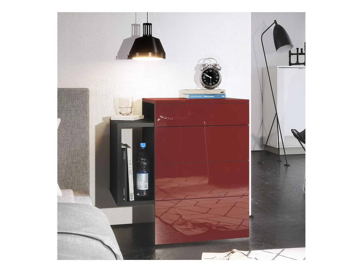 Table de chevet Queens, Table de nuit avec 2 tiroirs et 1 compartiment latéral à fixer au mur, Noir mat/Bordeaux haute brillance (60 x 63 x 36 cm)