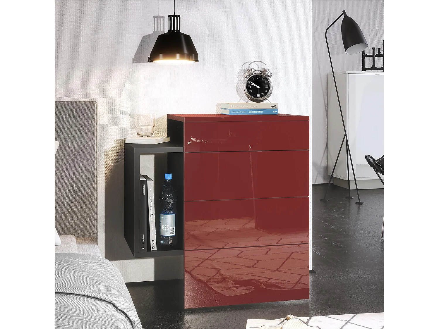 Table de chevet Queens, Table de nuit avec 2 tiroirs et 1 compartiment latéral à fixer au mur, Noir mat/Bordeaux haute brillance (60 x 63 x 36 cm)