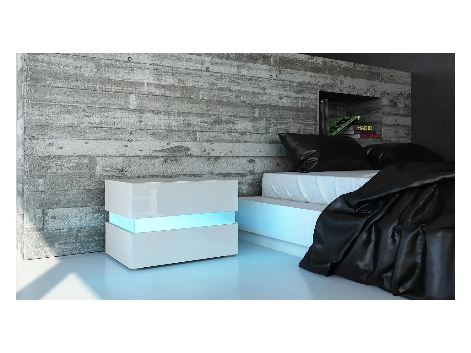 Table de chevet Flow, Table de nuit avec tiroir pour fixation murale, Blanc mat/Blanc haute brillance, éclairage LED inclus (60 x 45 x 39 cm)
