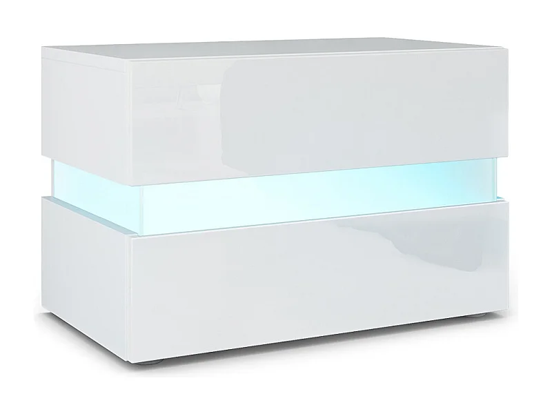 Table de chevet Flow, Table de nuit avec tiroir pour fixation murale, Blanc mat/Blanc haute brillance, éclairage LED inclus (60 x 45 x 39 cm)