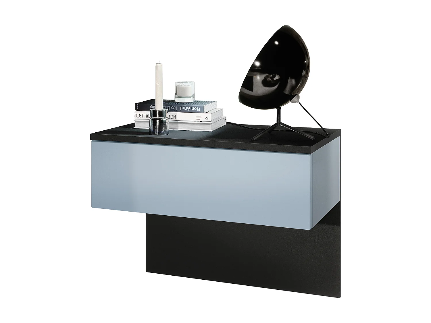 Table de chevet Sleep, Table de nuit à fixation murale avec tiroir, Noir mat/Denim mat (60 x 46 x 35 cm)