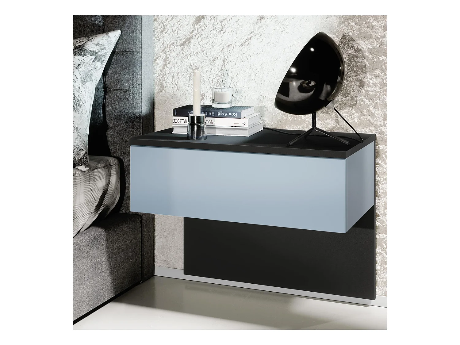 Table de chevet Sleep, Table de nuit à fixation murale avec tiroir, Noir mat/Denim mat (60 x 46 x 35 cm)