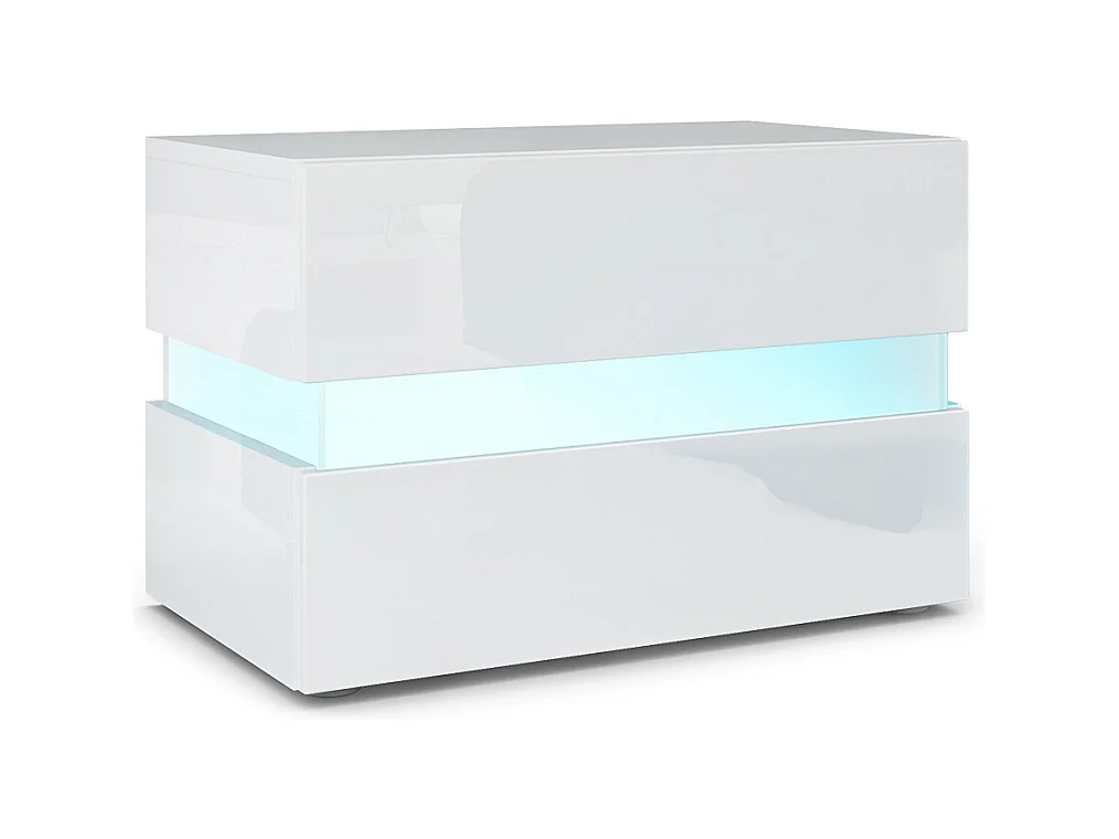 Table de chevet Flow, Table de nuit avec tiroir pour fixation murale, Blanc haute brillance/Blanc haute brillance, éclairage LED inclus (60 x 45 x 39 cm)