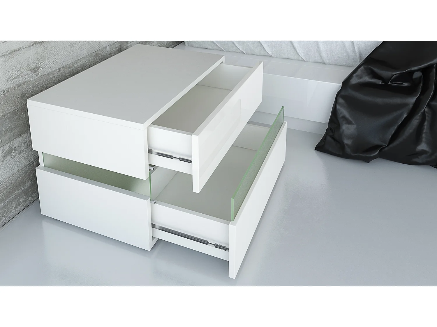 Table de chevet Flow, Table de nuit avec tiroir pour fixation murale, Blanc haute brillance/Blanc haute brillance, éclairage LED inclus (60 x 45 x 39 cm)