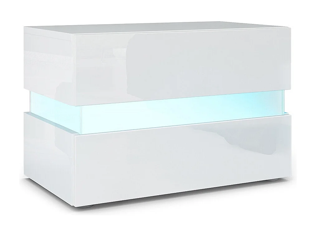 Table de chevet Flow, Table de nuit avec tiroir pour fixation murale, Blanc haute brillance/Blanc haute brillance, éclairage LED inclus (60 x 45 x 39 cm)