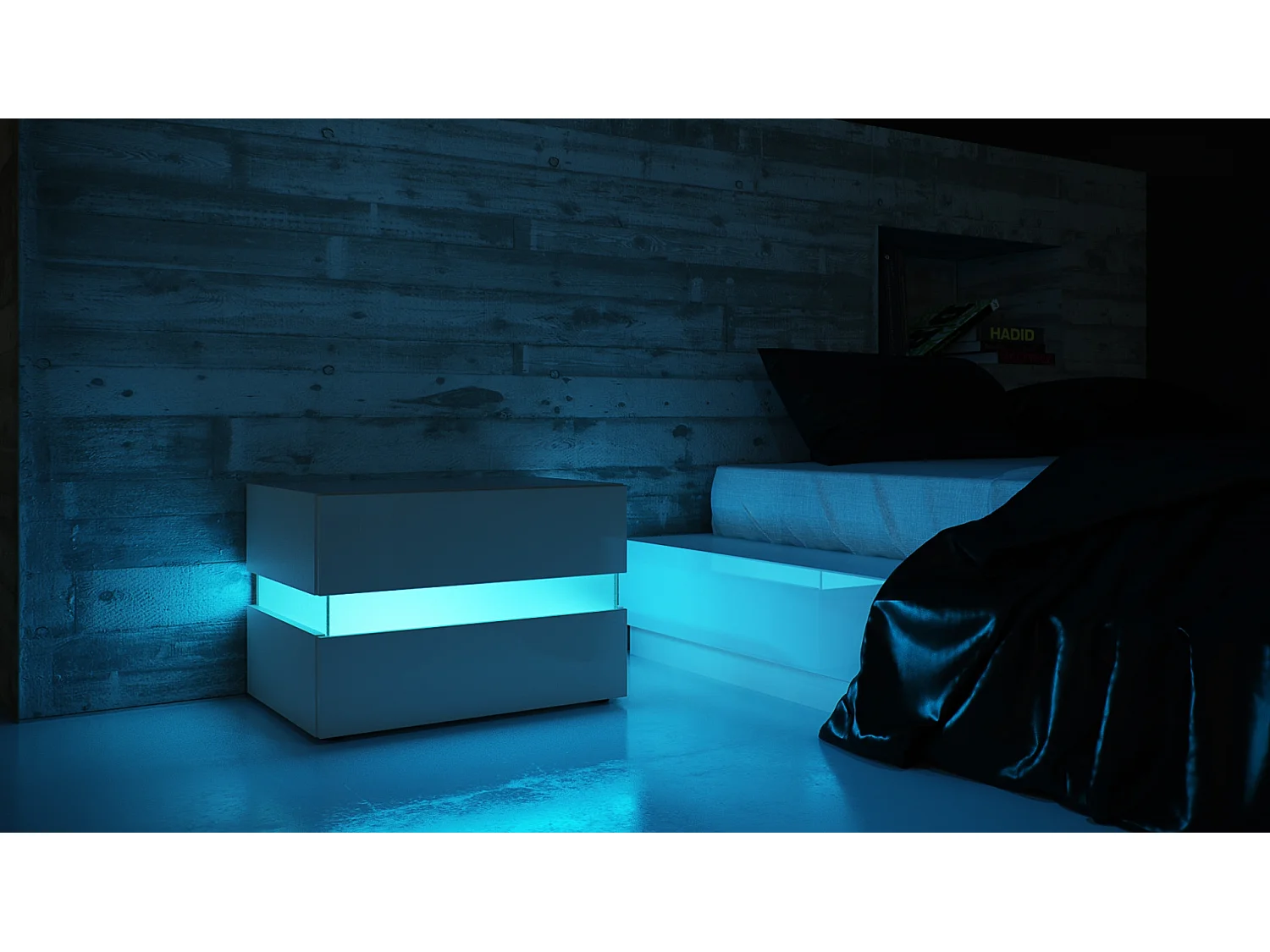 Table de chevet Flow, Table de nuit avec tiroir pour fixation murale, Blanc haute brillance/Blanc haute brillance, éclairage LED inclus (60 x 45 x 39 cm)