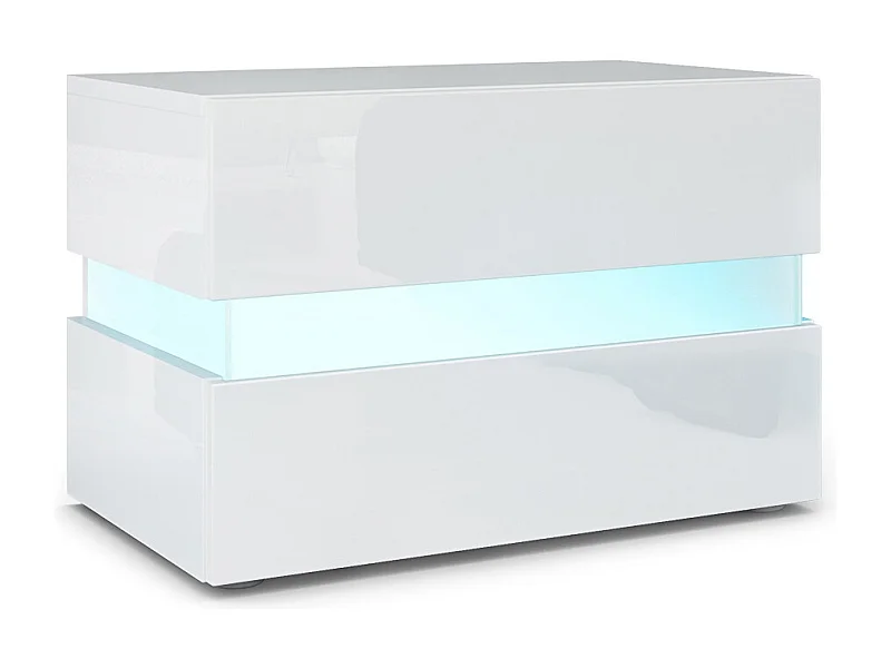Table de chevet Flow, Table de nuit avec tiroir pour fixation murale, Blanc haute brillance/Blanc haute brillance, éclairage LED inclus (60 x 45 x 39 cm)