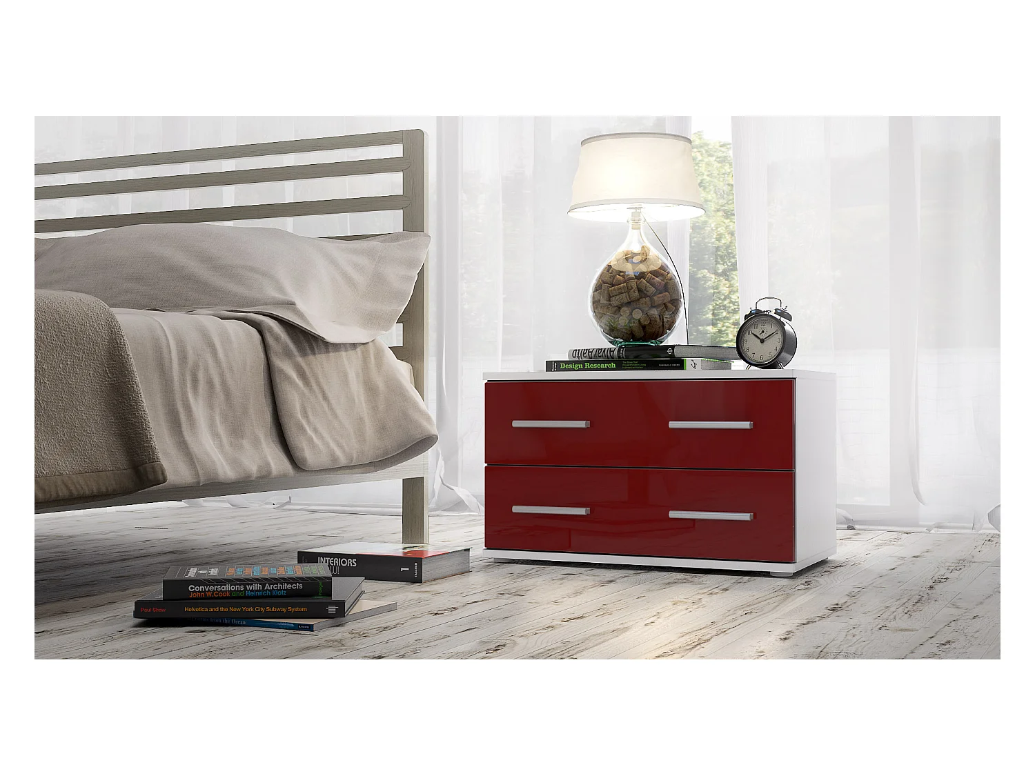 Mesa de noche Kioto, Cuerpo en Blanco mate / Frontal en Color Burdeos alto brillo