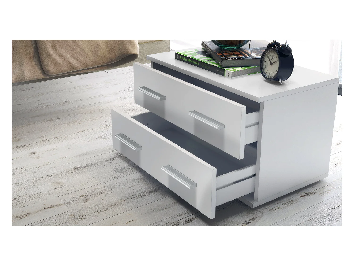 Mesa de noche Kioto, Cuerpo en Blanco mate / Frontal en Color Burdeos alto brillo