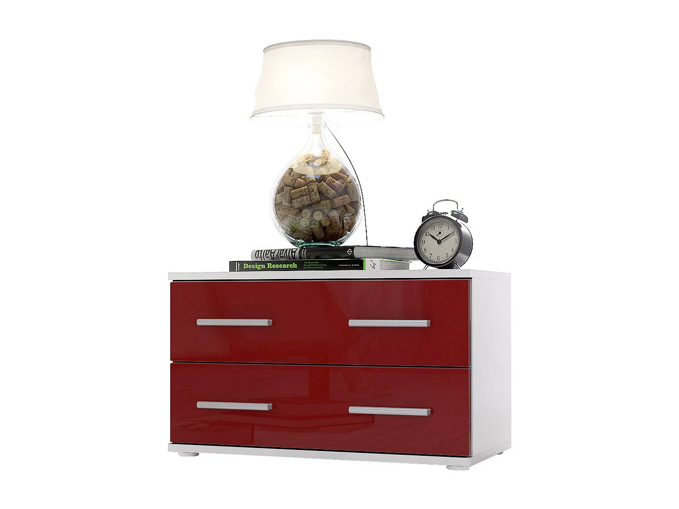 Table de chevet de nuit Kioto, Corps en Blanc mat / Façades en Bordeaux haute brillance
