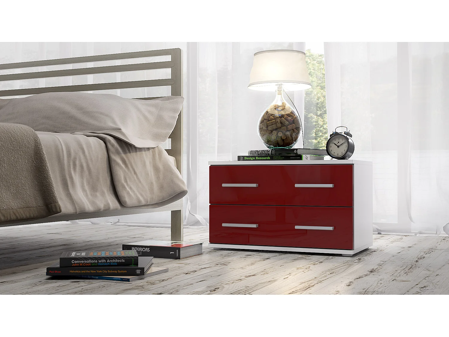 Table de chevet de nuit Kioto, Corps en Blanc mat / Façades en Bordeaux haute brillance