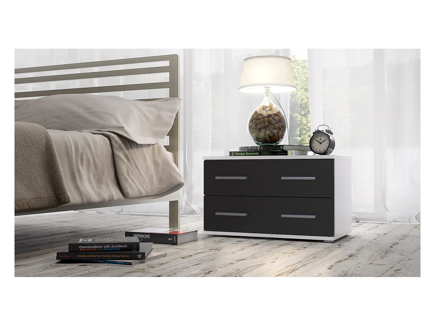 Table de chevet de nuit Kioto, Corps en Blanc mat / Façades en Noir mat