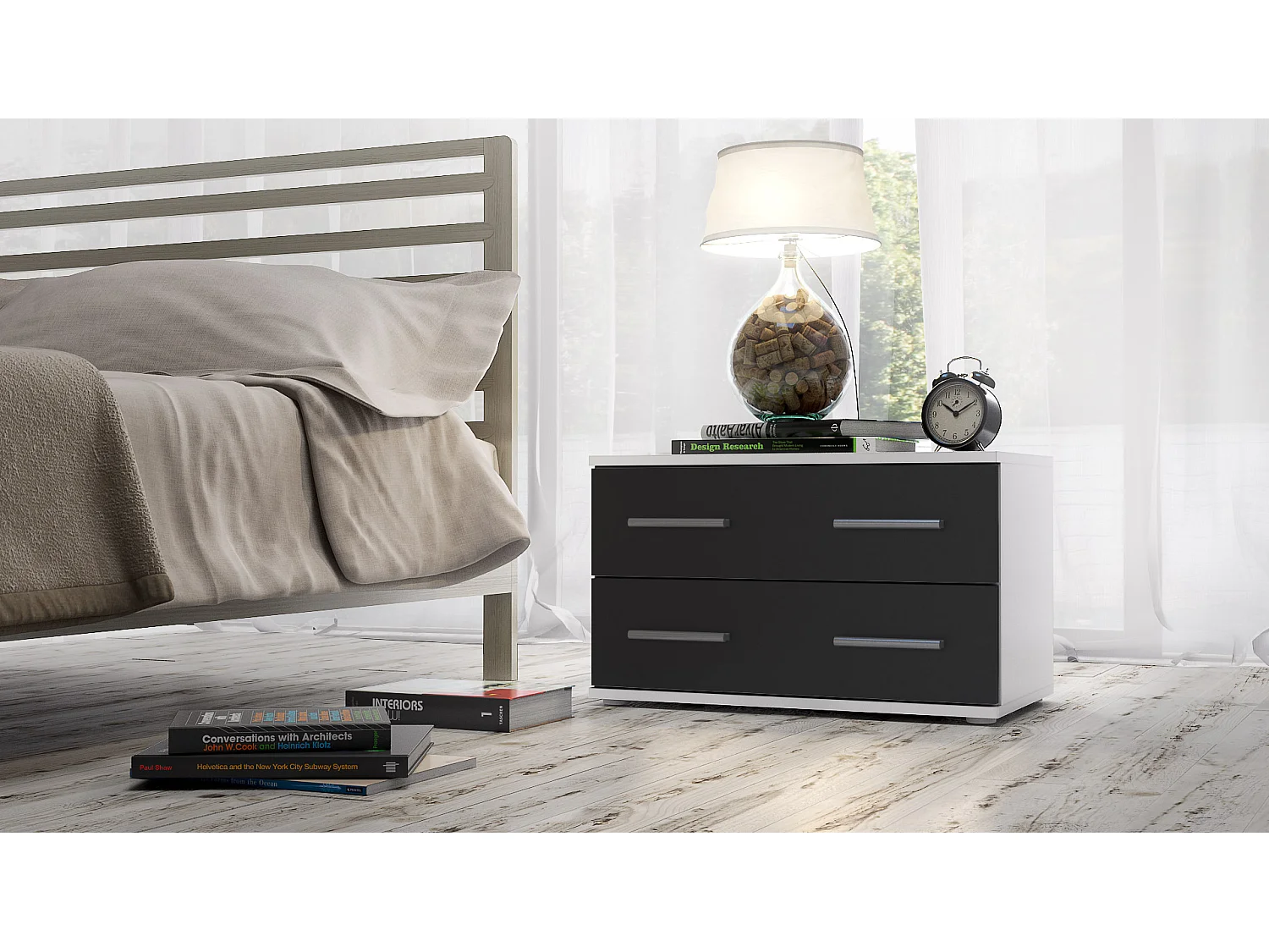 Table de chevet de nuit Kioto, Corps en Blanc mat / Façades en Noir mat