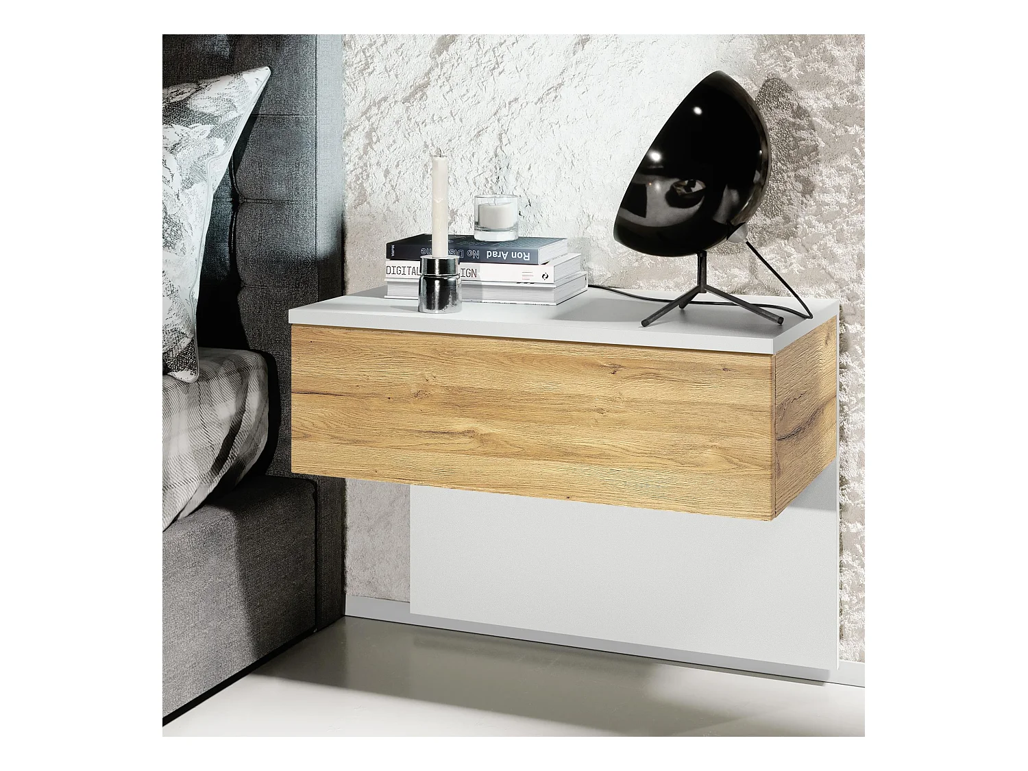 Table de chevet Sleep, Table de nuit à fixation murale avec tiroir, Blanc mat/Chêne Nature (60 x 46 x 35 cm)