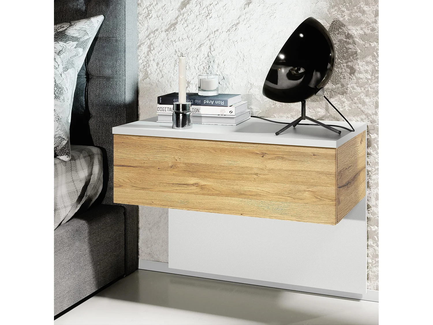 Table de chevet Sleep, Table de nuit à fixation murale avec tiroir, Blanc mat/Chêne Nature (60 x 46 x 35 cm)
