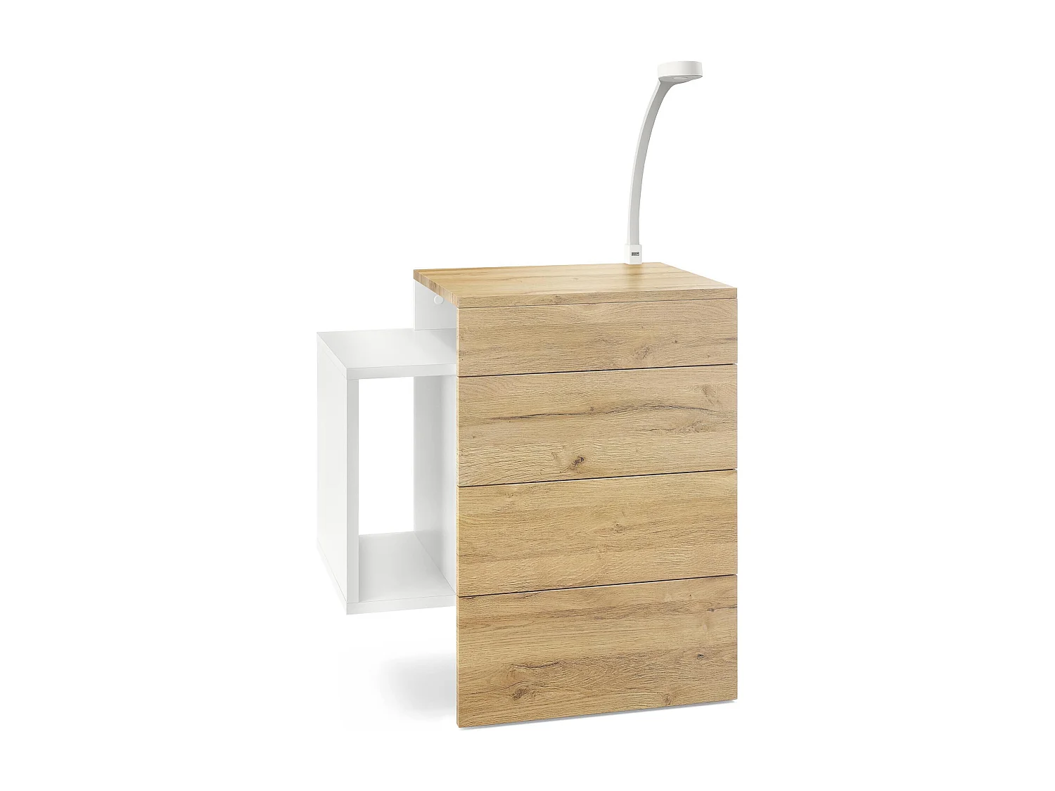 Table de chevet Queens, Table de nuit avec 2 tiroirs et 1 compartiment latéral à fixer au mur, Blanc mat/Chêne Nature, incl. lampe LED (60x63x36 cm)