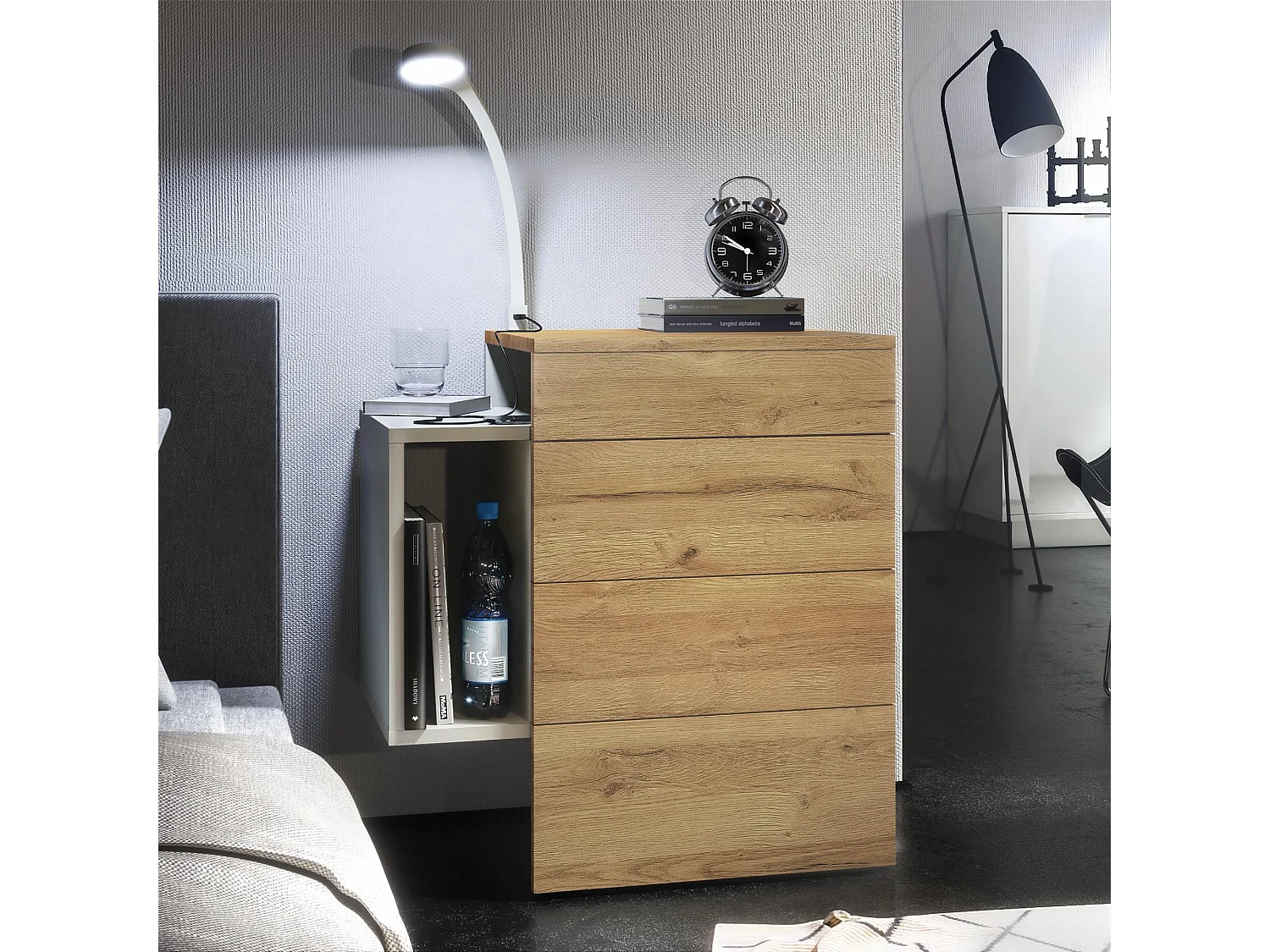 Table de chevet Queens, Table de nuit avec 2 tiroirs et 1 compartiment latéral à fixer au mur, Blanc mat/Chêne Nature, incl. lampe LED (60x63x36 cm)