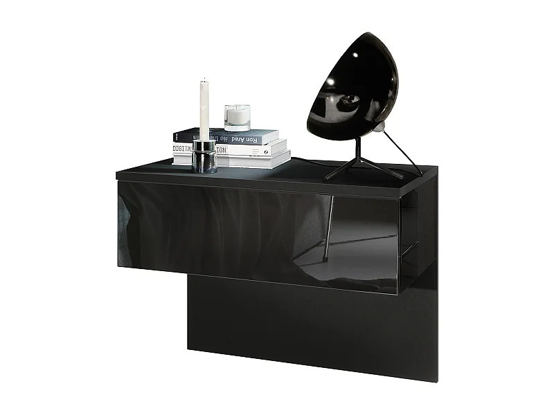 Table de chevet Sleep, Table de nuit à fixation murale avec tiroir, Noir mat/Noir haute brillance (60 x 46 x 35 cm)